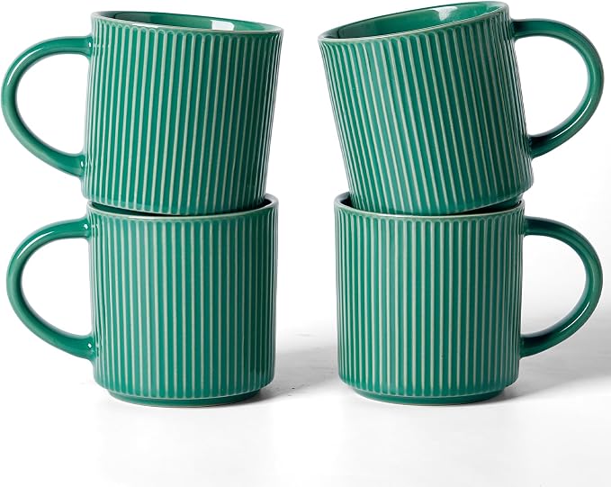 famiware Coffee Mug Set for 4, Star 12 oz Catering Mugs Cup Set with Handle for Coffee, Tea, Cocoa, Milk- Ceramic Stoneware Drinkware Set, Sage Green
