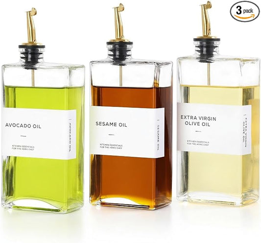 Olive Oil Dispenser Bottle for Kitchen, 3 Pack Glass Oil and Vinegar Dispenser Set, Elegant Design, Durable, Leak-Proof, Easy-Pour Spouts, Perfect for Kitchen, Dining Table, 17oz Golden