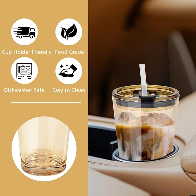 15oz Iced Coffee Glass Cup Set of 2 with Lid Straw Thick Leak Proof Drinking Glasses Tumbler for Gift Cold Drink Smoothie Boba Tea(Amber & Clear)