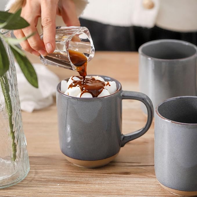 Ceramic Coffee Mugs Set of 4, 14oz Coffee Cups with Large Handle, Stoneware Two-Tone Tea Mugs for Latte and Cappuccino,Slate Gray Speckled, Terracotta Base,Housewarming Gift,Dishwasher&Microwave Safe