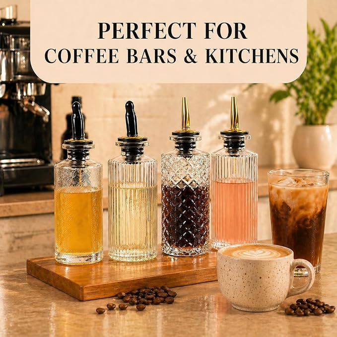 ChezMax Syrup Dispenser Bottles Set of 4, Simple Syrup Bottle for Coffee Bar Accessories, 5oz Glass Coffee Syrup Dispenser Syrup Containers for Maple Honey Syrup Oil, Metal Pour Spouts & Labels