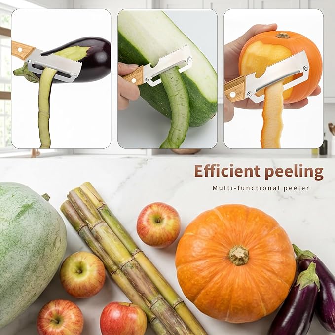 2Pcs Multi-Functional Vegetable Peeler for Kitchen, Premium Vegetable Peeler with Bottle Opener and Wooden Handle,Stainless Steel Blade,Kitchen Peeling Tool for Fruits Potatoes Apples Carrots Zucchini