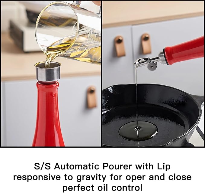 YOLIFE Olive Oil Dispenser Bottle, 20oz Ceramic Oil Dispenser for Kitchen, Oil Bottle with Gravity Spout, Leak Proof EVOO Dispensing Bottle with 2 Spouts and 1 Funnel for Vinegar, Juice(Red)