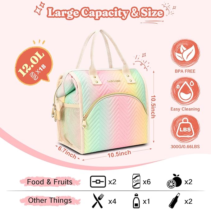 LOKASS Lunch Bag for Women, Insulated Lunch Box, 12L Large Capacity Wide Open Lunch Tote, PU Leather Leakproof Thermal Lunch Bag for Office Work Daily Use