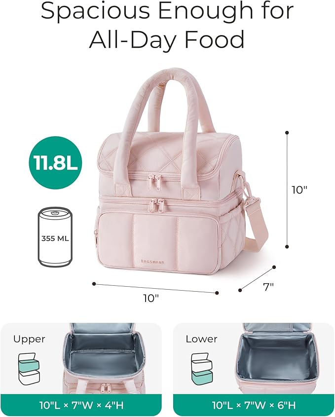 BAGSMART Lunch Bag Women, Double Deck Insulated Lunch Box, Quilted Puffer Lunch Tote, Leakproof, Durable & Reusable Large Lunch Cooler For Work Picnic Travel Meal Prep, Cherry