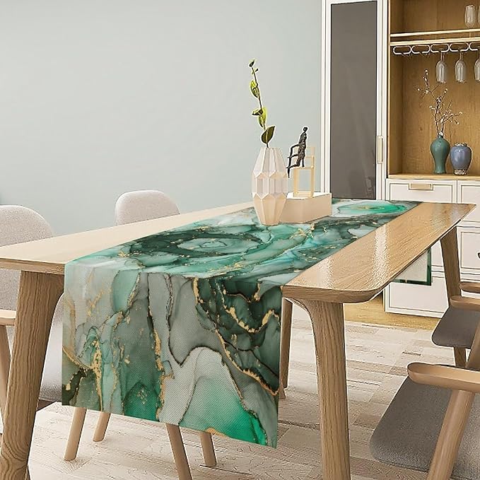 Marble Table Runner, Abstract Green and Gold Foil Modern Luxury Texture Printed Linen Table Runners for Living Room Kitchen Dining Room Party Holiday Home Decor 13" W x 60" L