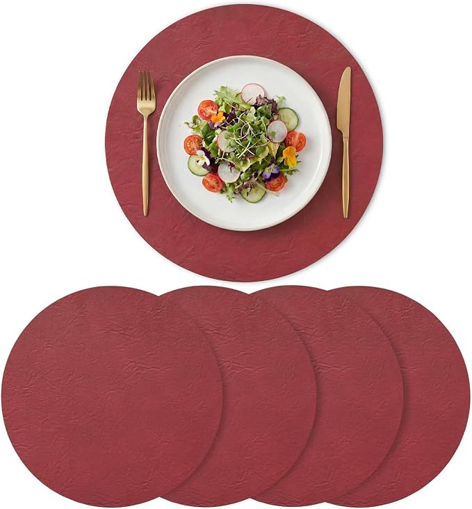 Artoid Mode Red Faux Leather Placemats Set of 4, 15 Inch Waterproof Wipeable Heat Resistant Vinyl Place Mats, Reversible Table Mats for Christmas Kitchen Dining Decor
