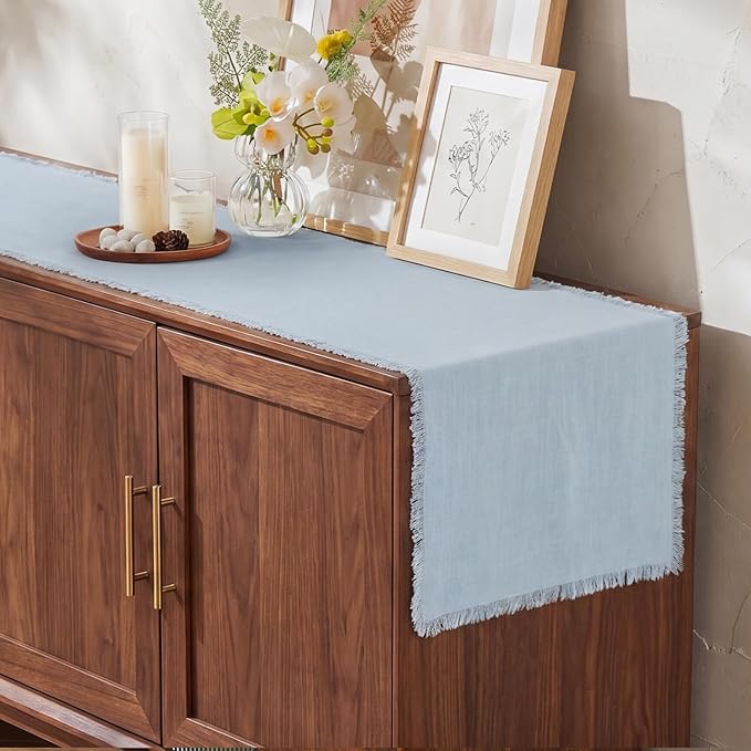 KINGSTONE 14 x 108 Inches Frayed Edge Table Runner, 270G Heavyweight Sand Washed Slub Texture Cotton Linen for Modern Farmhouse, Rustic Home Decorations Dining Room Wedding Boho Decor, Light Blue