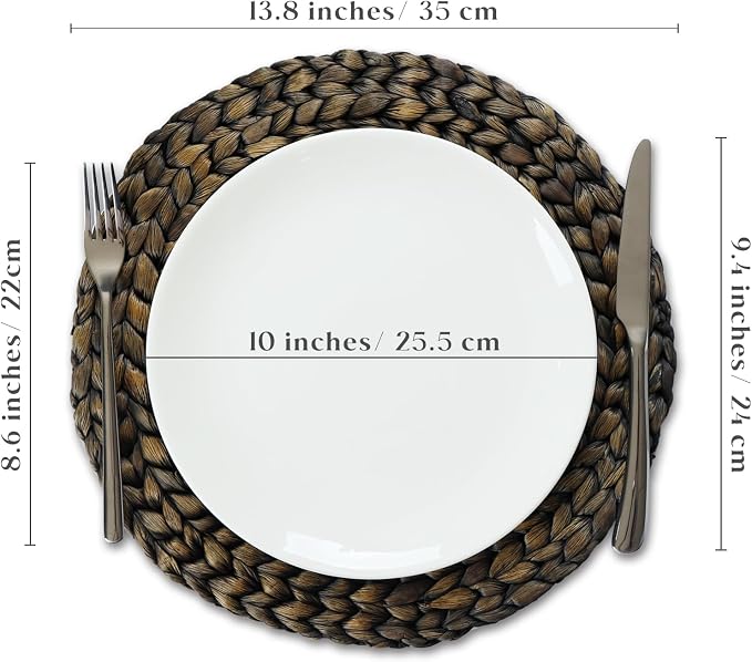 8 Pack, Round Woven Placemats, Natural Water Hyacinth Wicker Place Mats, Braided Straw Table Mats for Dining Table, Fall, Halloween, Thanksgiving, Chrismats, Black (13.8 inch)