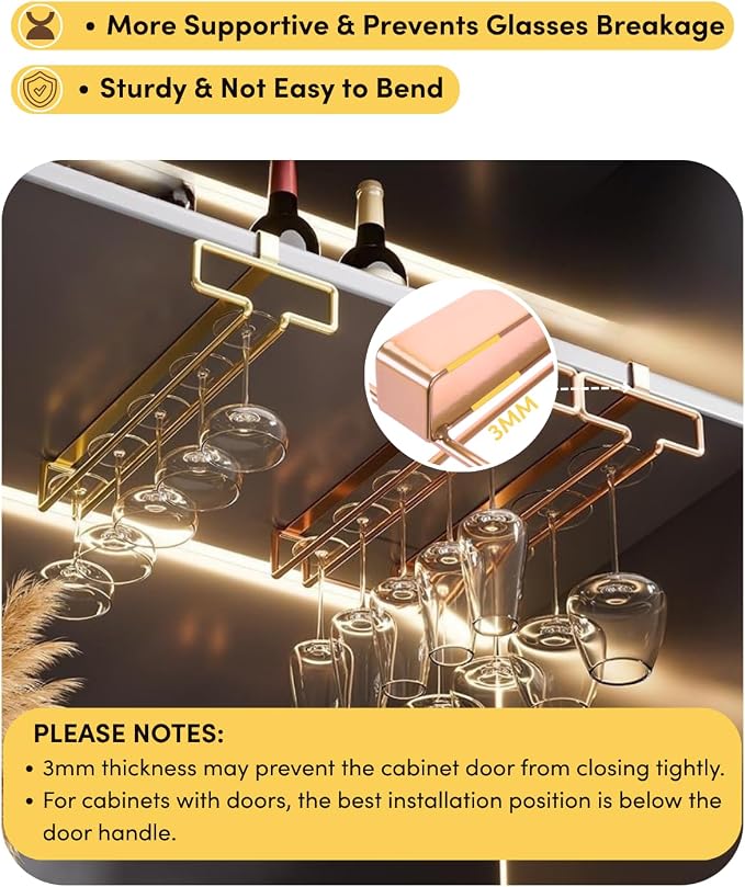 LINFIDITE 2 Pack Under Cabinet Wine Glass Rack Rose Gold Wine Glass Holder Stemware Rack Hanger Kitchen Hanging Storage Rack Organizer (For Partition Thickness under 0.98")