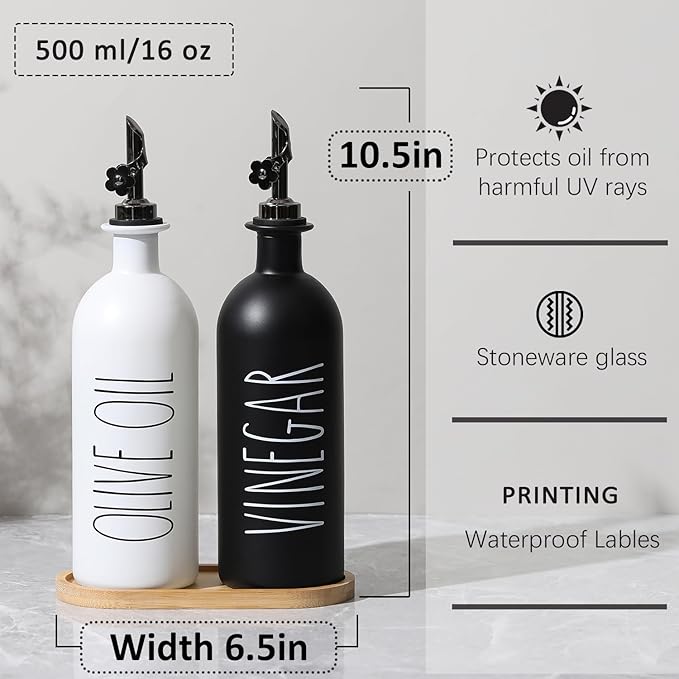 HOMCDALY 16oz Olive Oil Dispenser Bottles for Kitchen, Glass Oil Dispenser for Kitchen with Bamboo Tray, Oil&Vinegar Dispenser Set | Set of 2 (16oz-P-Black&White)