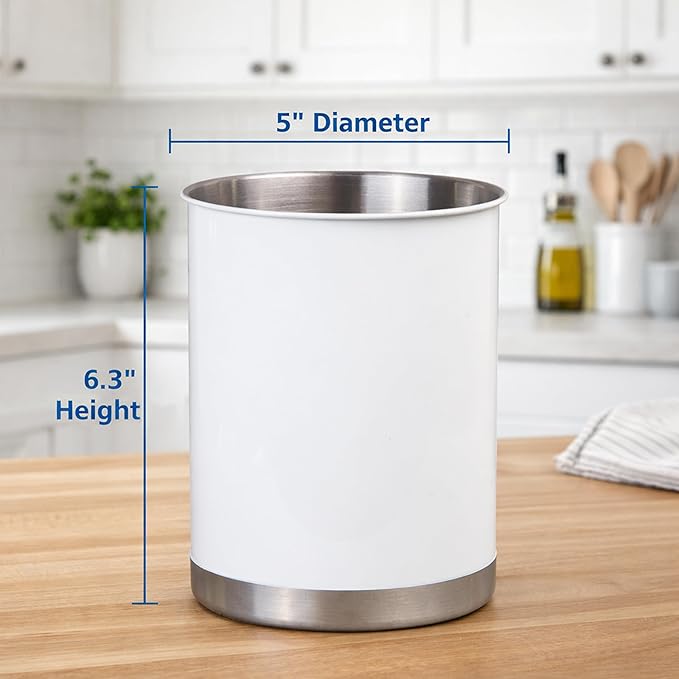 Creative Home Stainless Steel Utensil Holder– 6.3" Large Cooking Tool Organizer for Kitchen Decor and Countertop Storage, Stable Anti-Tip Design, Durable Powder-Coated Finish, White