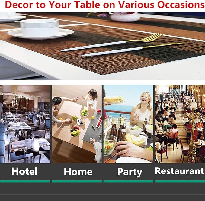 Placemats, Washable PVC Table Mats, Woven Vinyl Placemat for Dining Table Place Mats Set (6 placemats and 1 Table Runner, Black and Brown)