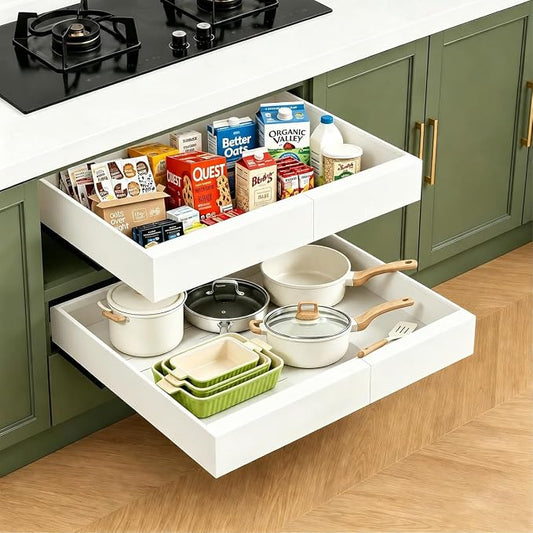 Expandable Pull Out Cabinet Organizer, No-Drill Pull Out Drawers, Roll-Out Shelf with Adhesive Pad & 3 Slide Rails for Framed Cabinets, Kitchen Pantry, 21" Deep, 12.2"-20.4", White, 2 Pack