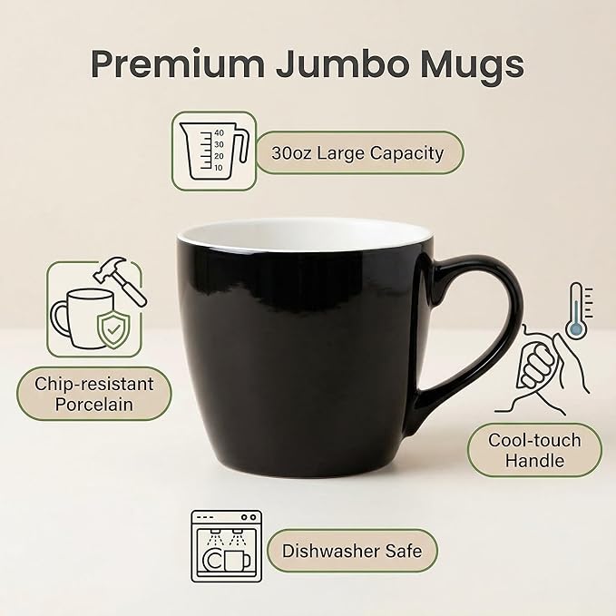 MECOWON 30 OZ Porcelain Coffee Mugs, Set of 2 Large Mugs for Soup, Cereal and Salad (black)