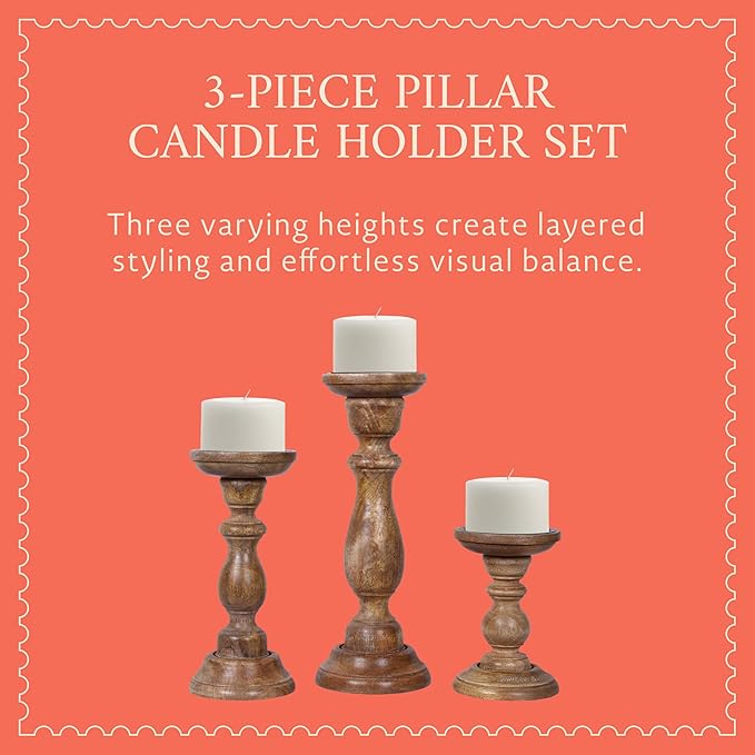 Mela Artisans 6”, 9” & 12” Mango Wood Pillar Candle Holder Set of 3 – Tuli Design Medium Polish – Wooden Candle Holders for Table, Mantel & Living Room Décor