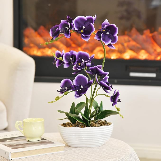 19" H Phalaenopsis Faux Orchid Plant Silk Orchid Centerpiece Artificial Floral Arrangement in Ceramic Pot (Deep Purple)