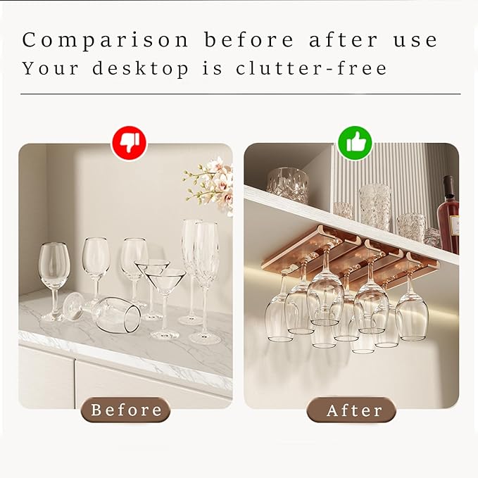 Wine Glass Holder - 4Pack Under Cabinet Rack, No Drilling Installation, Stemware Hanging Rack for Kitchen and Bar (Amber)