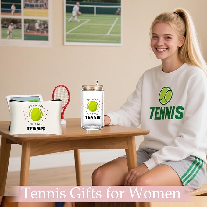 Tennis Gifts for Women, Funny Inspirational Gifts for Tennis Lovers Players, Team Gift Set with Glass Cup Cosmetic Bag Sports Party Favors