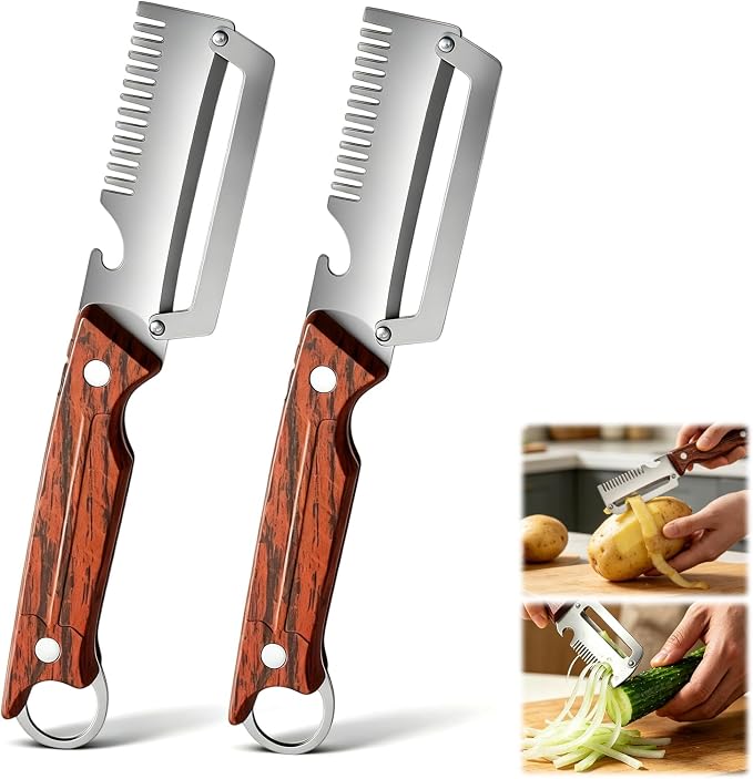 2 Pcs 3-in-1 Multifunctional Vegetable Peele, New Ktchen Multi-function Stainless Steel Thickened Fruit Peeler Knife with Wooden Handle, Kitchen Peeling Tool