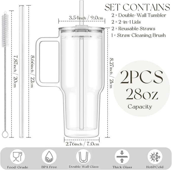 KEMORELA 2 Pack 28oz Double Wall Glass Tumblers with Handle, Lids & Straws – Large Insulated Clear Glass Coffee Cups for Iced Coffee, Matcha, Smoothies, Bubble Tea & Cold Drinks