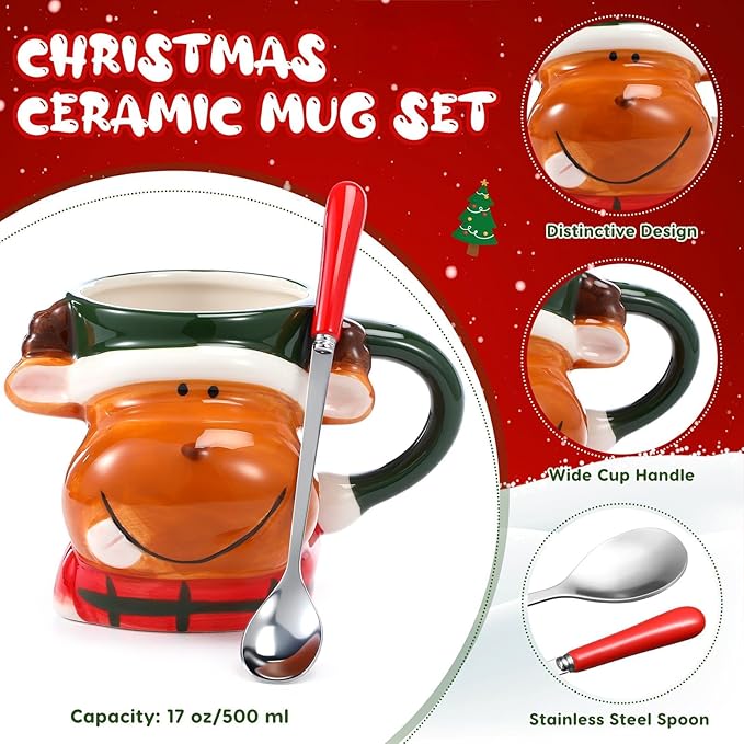Sliner 4 Pcs Christmas Reindeer Mug Gift Set 17 oz Ceramic Reindeer Coffee Mugs with Red Spoons Cute Funny Christmas Fuzzy Socks Mini Keychains for Women Men Adults Coworker Birthday Xmas Present