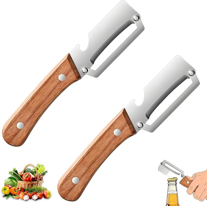 2 Pack Multifunctional Vegetable Peeler, With Wooden Handle and Bottle Opene, Stainless Steel Blade with Ergonomic Wooden Handle, Non-Slip Fruit & Potato Peeler for Kitchen Use