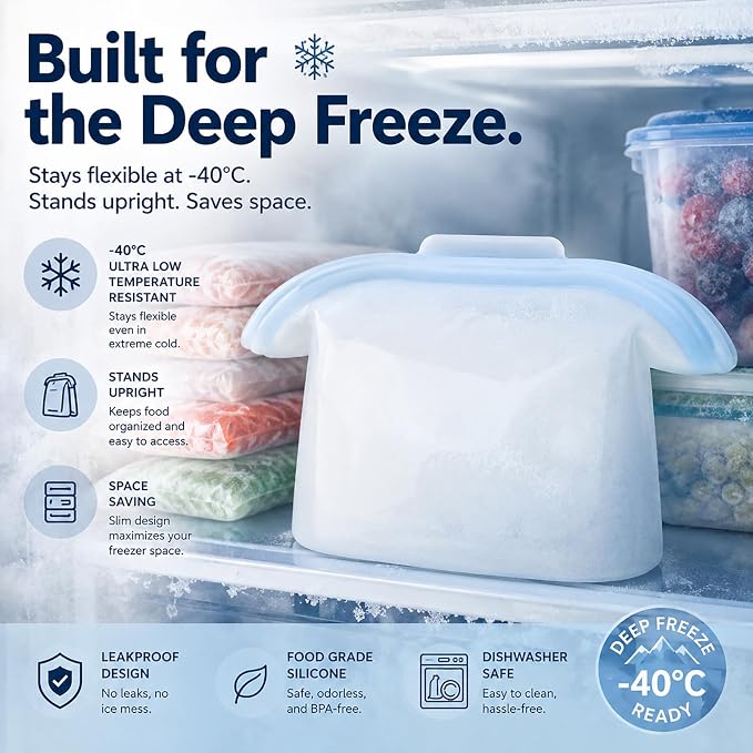 Silicone Food Storage Bags, Reusable, High-Temperature Resistant, Leak-Proof Upright Freezer Bags, Microwave and Dishwasher Safe，serene blue