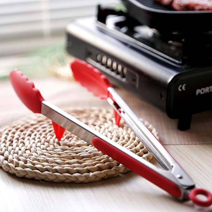 9" Kitchen Tongs, 3Pcs Tongs for Cooking with Silicone Tips, Food Grade Small Silicone Tong, Mini Serving Tong for BBQ Salad(Black,Red,Green)