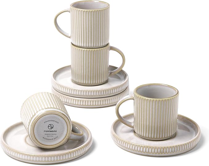 famiware Star Espresso Cups and Saucers Set of 4, [ Mini ] 3 oz Ceramic Small Coffee Mug with Handle, Ribbed Stoneware Demitasse Cup for Tea, Latte - Microwave & Dishwasher Safe - Cappuccino White