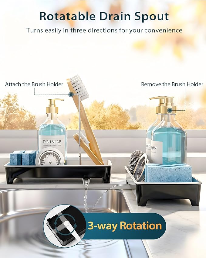 Minimalist Sink Caddy, Rustproof Sponge Holder for Kitchen Sink with 304 Stainless-Steel Brush Holder, Countertop Rack Organizer with Raised Ridges & Silicone Drain Tube (Black, Large)
