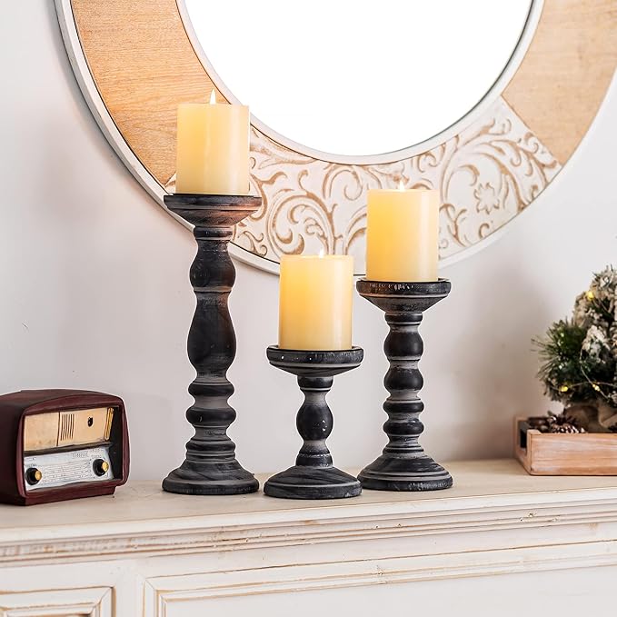 Wooden Pillar Candle Holder: Rustic Black Candle Stand Wood Distressed Candleholders Farmhouse Fall Decor for Christmas Fireplace Mantle Dining Table Living Room Shelf Set of 3
