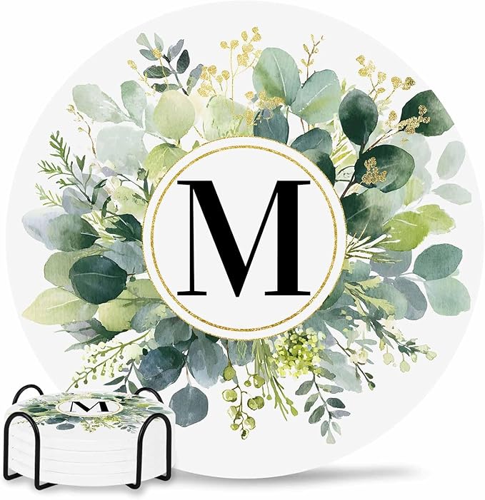 Coasters Set of 4 Letter M Drink Coasters with Holder Absorbent Stone Ceramic Cup Mat Alphabet Green Eucalyptus Leaves Coaster for Drinks Coffee Bar Office Kitchen Cafe Home Decor