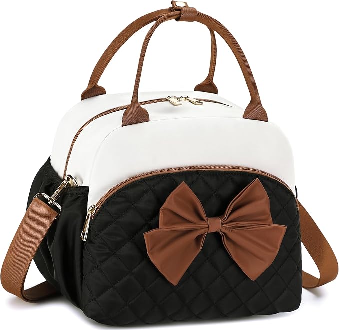 LEDAOU Lunch Box for Women, Insulated Lunch Bag Women with Adjustable Shoulder Strap, Cute Lunch Tote Bag for Work, Womens Lunch Bag with Bowknot, Front Zipper Pocket & Side Pockets