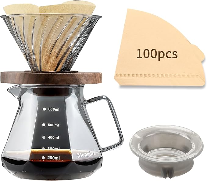 Mongdio Pour Over Coffee Maker, 20 oz High-Heat Borosilicate Glass Coffee Maker with 100pcs Paper Filters, Walnut Handle & Glass Lid, Drip Coffee Maker Set for Home Café Restaurant - 600ml, Gray