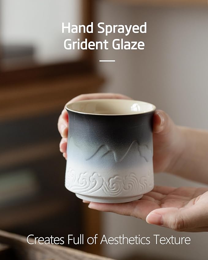 ZENS Japanese Tea Cup Set of 4, 8 oz Gradient Embossed Ceramic Japan Tea Cups - Matcha Tea, Handles FREE, Traditional Asian Cups for Gongfu Tea in Black & White