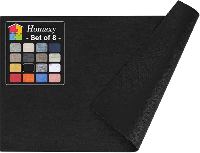 Homaxy Faux Leather Heat Resistant Placemats for Dining Table Set of 8, Waterproof Wipeable Washable PU Table Mats, Easy to Clean Anti-Slip Place Mats, 11.8" x 17", Black