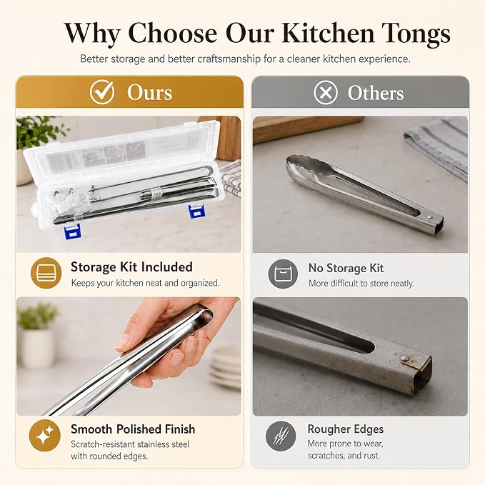 Kitchen Tongs Set of 3 with Storage Case, 304 Stainless Steel Cooking Tongs, 11.5”, 9.5” & 6” Serrated Non-Slip Tips for Grilling, Frying, Salad, Pasta, Ice Cubes (Silver)