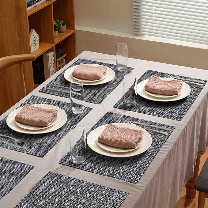 AHHFSMEI Placemats Set of 6 Washable Woven Vinyl Placemats for Dining Table Heat Resistant Non-Slip Stain Resistant Table Mats for Kitchen & Home Decor(Linen Black,6)
