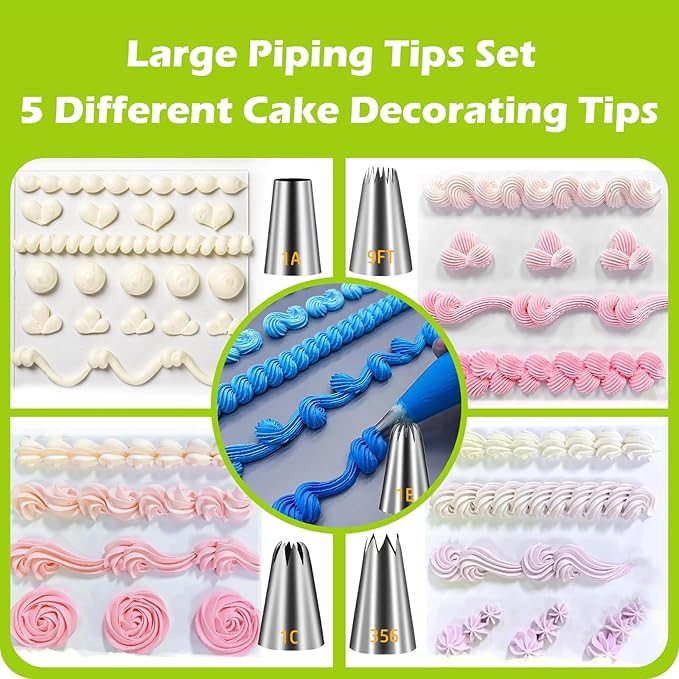 Suuker Large Piping Tips Set, Seamless Stainless Steel Cake Decorating Tips, 5 Pieces Frosting Icing Tips for Cake Decorating, Cupcakes, Cookie (1A 1E 1C 9FT 356)