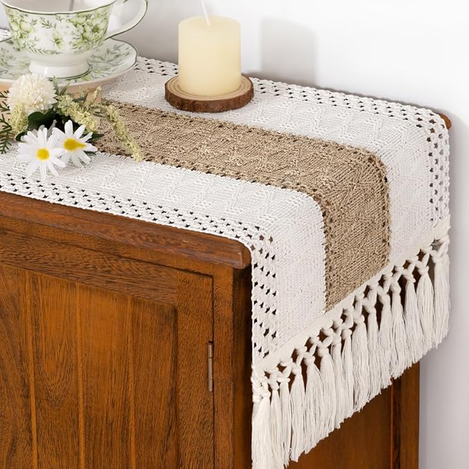 Socomi Boho Table Runner Summer Farmhouse Rustic Dining Kitchen Centerpiece Decor Small Macrame Woven Cotton Linen Coffee Table Runner for Dresser Scarf Home Decor 12x60 inch