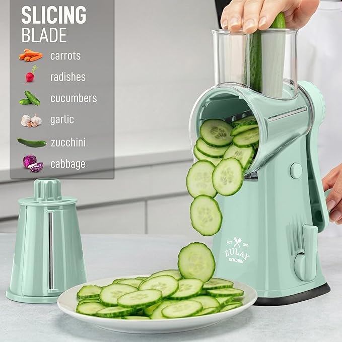 Zulay Kitchen Rotary Cheese Grater 5 Blade Cheese Shredder - Manual Hand Crank Cheese Grater With Reinforced Suction & 5 Interchangeable Drums - Easy to Use, Vegetable Chopper Round Mandoline Slicer