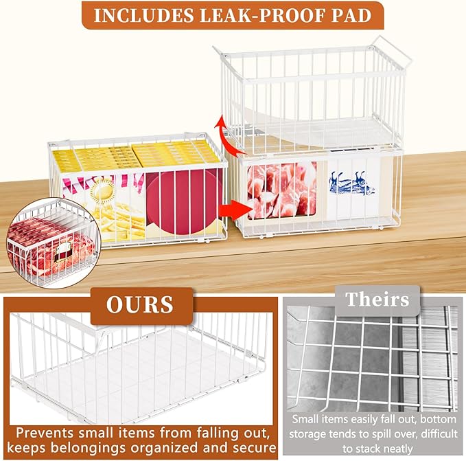 Large Freezer Organizer Bins, Upgrade One-Touch Open/Close, for 5-9 Cu.Ft Deep Freezer, 4 Pack Stackable Deep Freezer Organizer Bins, Black Wire Foldable Baskets White 4 Pack