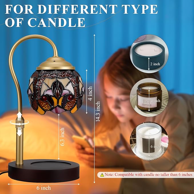 Tiffany Style Candle Warmer Lamp with Timer, Dimmable Stained Glass Candle Lamp Warmer, Birthday Gifts for Mom Women Friend Sister Baroque Wax Melt Warmer with 2 Bulbs for Home Deco