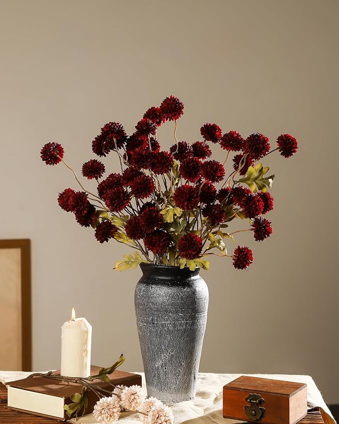 DuHouse 9pcs Artificial Flowers Faux Silk Pompon Mum,Silk Small Mini Chrysanthemum Ball with Stems for DIY Wedding Bouquets Centerpieces Vase Home Table Kitchen Decorations(Burgundy)