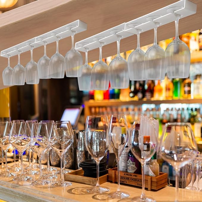 Wine Glass Holder, 4 Pack, Hanging Stemware Rack Organizer, Under Cabinet Storage, White