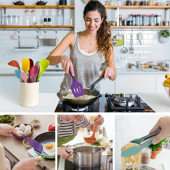 KAY RUK Kitchen Silicone Utensil Set,10Pcs Cooking Utensils Set,Food Grade Safety Silicone Utensils,480℉Heat Resistant Kitchen Tools,Seamless Easy to Clean, Non Stick Utensils(Multicolor)