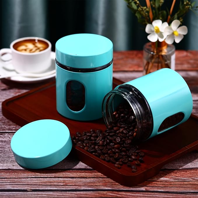 6 Pack Kitchen Canisters Set 20 oz Airtight Stainless Steel Canister Food Storage Container with Window Glass, Coffee Sugar Candy Jars Tea Organizer for Flour Cookies Spices Grains Kitchen(Turquoise)