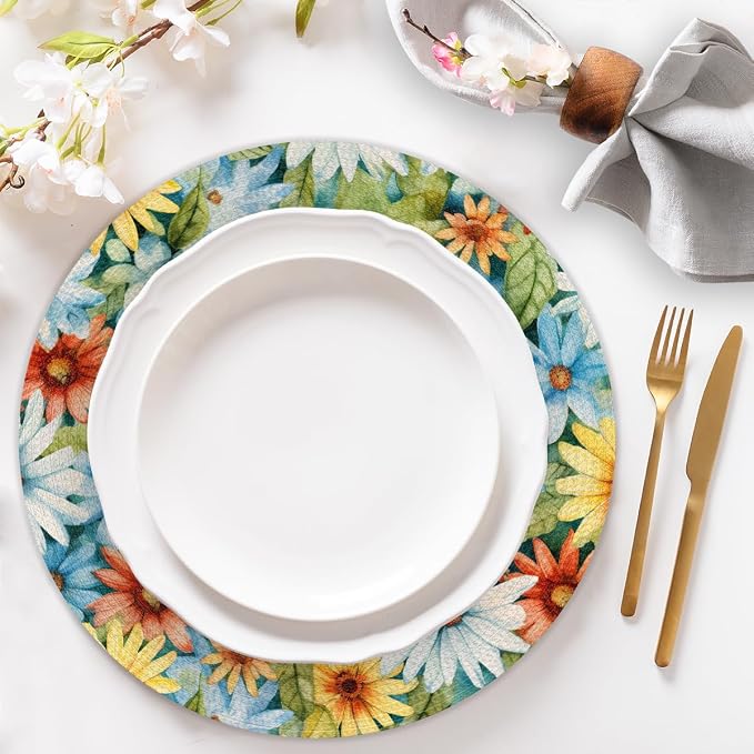 Round Placemats Set of 4, Peace Sign Daisy Sunflowers Woven Placemats Mats Non-Slip Heat Resistant Washable Table Mats Round Braided Place for Farmhouse Kitchen Dining Party Decor 15in