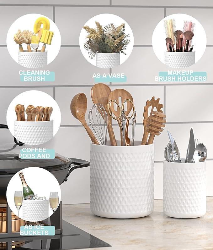 Ceramic Utensil Caddy, Large Spatula Holder, 6.8 inch Cooking Utensil Holder for Kitchen Counter, Farmhouse Kitchen Decor for Silverware Spoon Crocks 2PCK